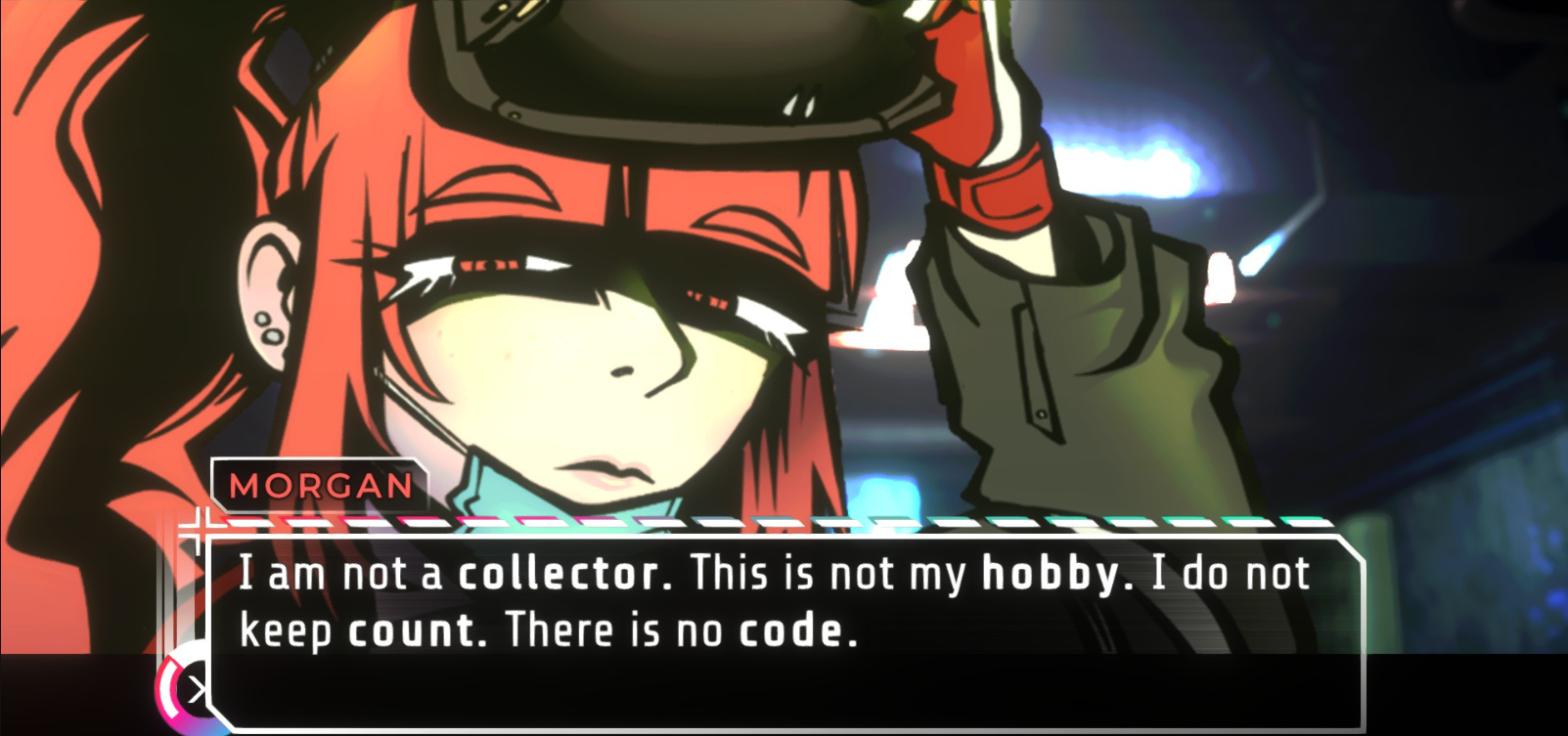 Morgan delivering a monologue about her many murders.